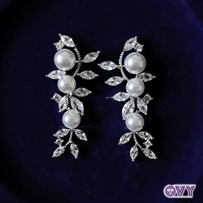 leaves pearls bridal earrings